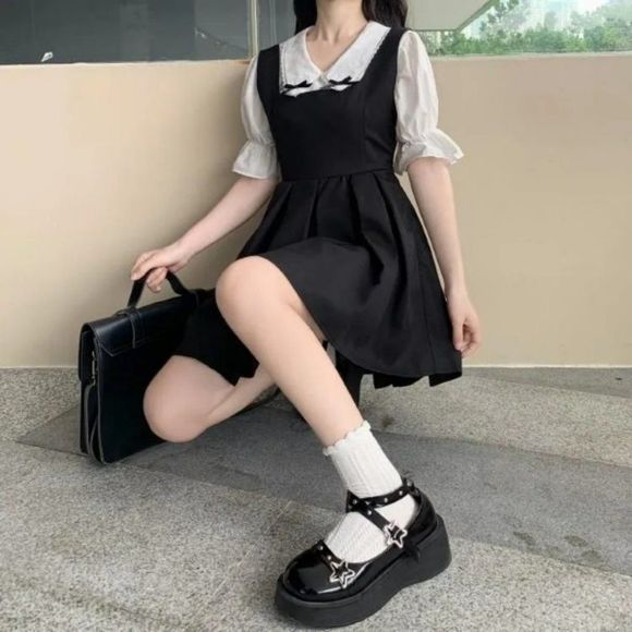 Puff-Sleeve Bow Blouse / Mini A-Line Overall Dress - Picture 1 of 9